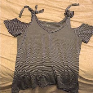 Off the shoulder blue and white top